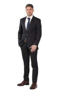 Cette photo représente un costume bleu marine