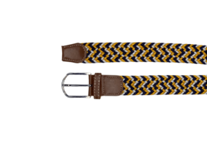 Ceinture homme tressée jaune bleu marine marine et blanche.