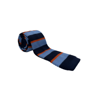 Cravate homme tricot bleu marine à rayure orange et bleu ciel
