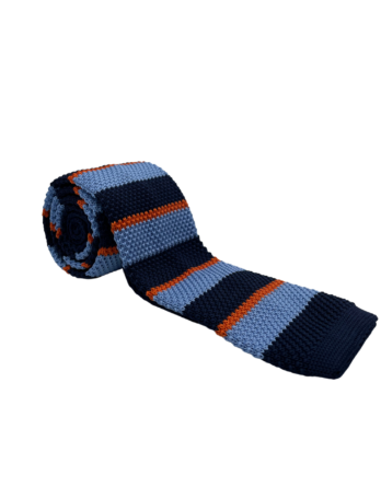 Cravate homme tricot bleu marine à rayure orange et bleu ciel
