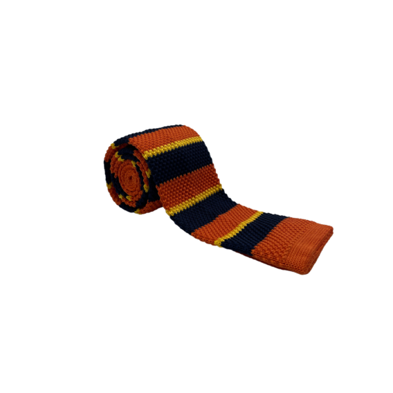Cravate tricot orange à rayure jaune et bleu marine
