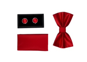 Noeud papillon, pochette de costume et boutons de manchettes homme rouge satinée