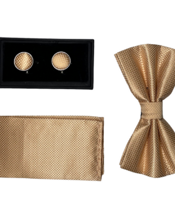 Noeud papillon, pochette de costume et boutons de manchettes homme gold satinée
