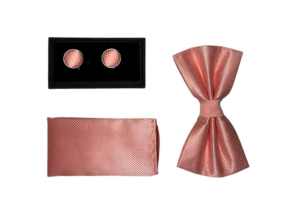 Noeud papillon, pochette de costume et boutons de manchettes homme saumon satinée
